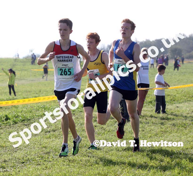 James Cripwell (Gateshead) leads from Liam Emmett (Jarrow) and Tom Goulding (Birtley) in the under-17 men, Sherman Cup, Hedley Farm, Tanfield,  County Durham.